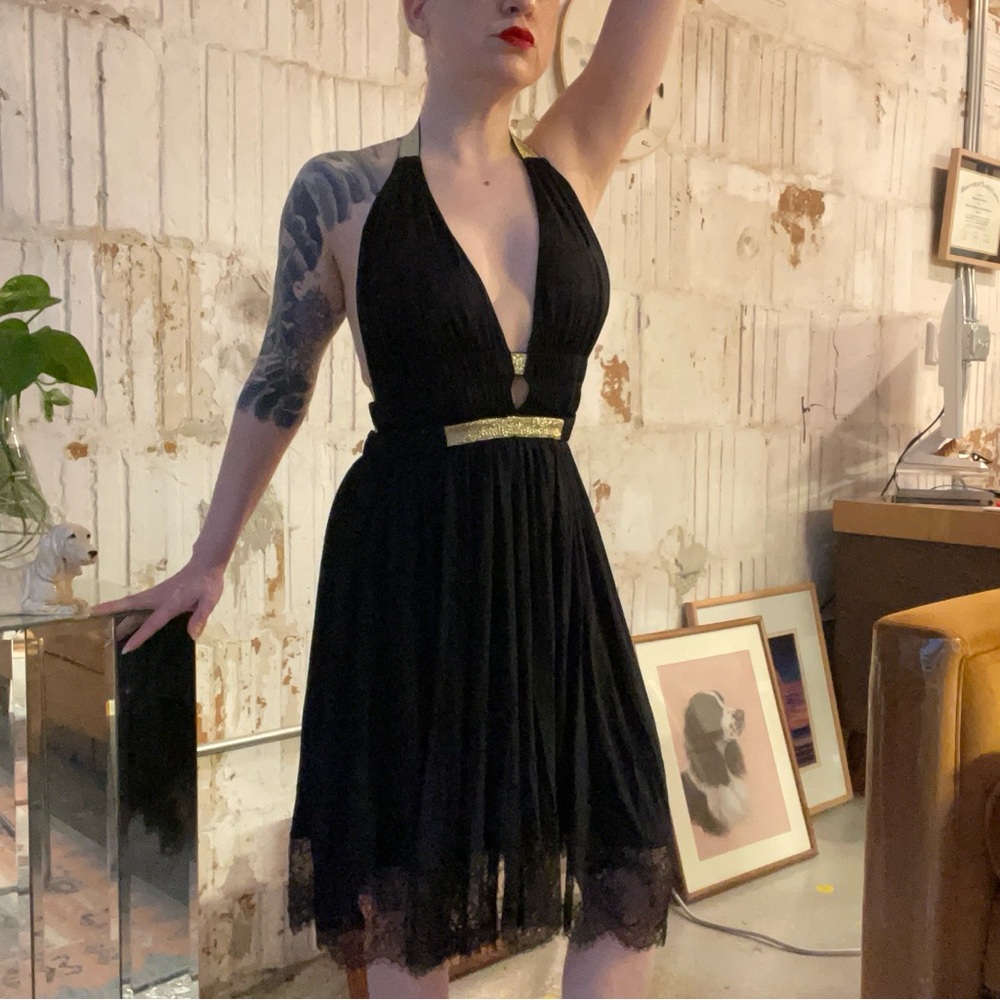 Express Black & Gold Halter Dress – Y2K Lace Hem NWT